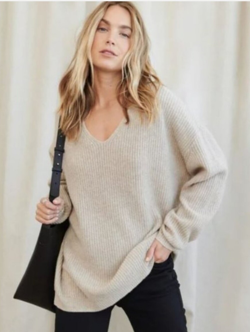 Jenni Kayne Women's V-Neck Shaker Stitch Cabin Sweater Wool Cashmere In Oatmeal